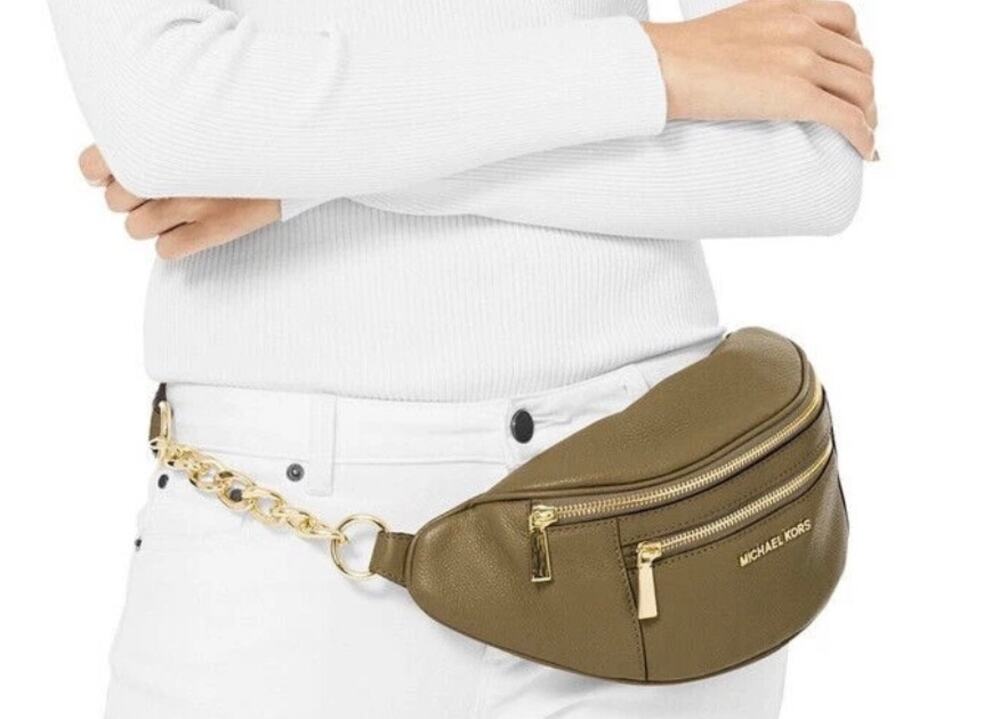 Michael Kors Mott Medium Belt Bag in an olive green pebbled leather finish